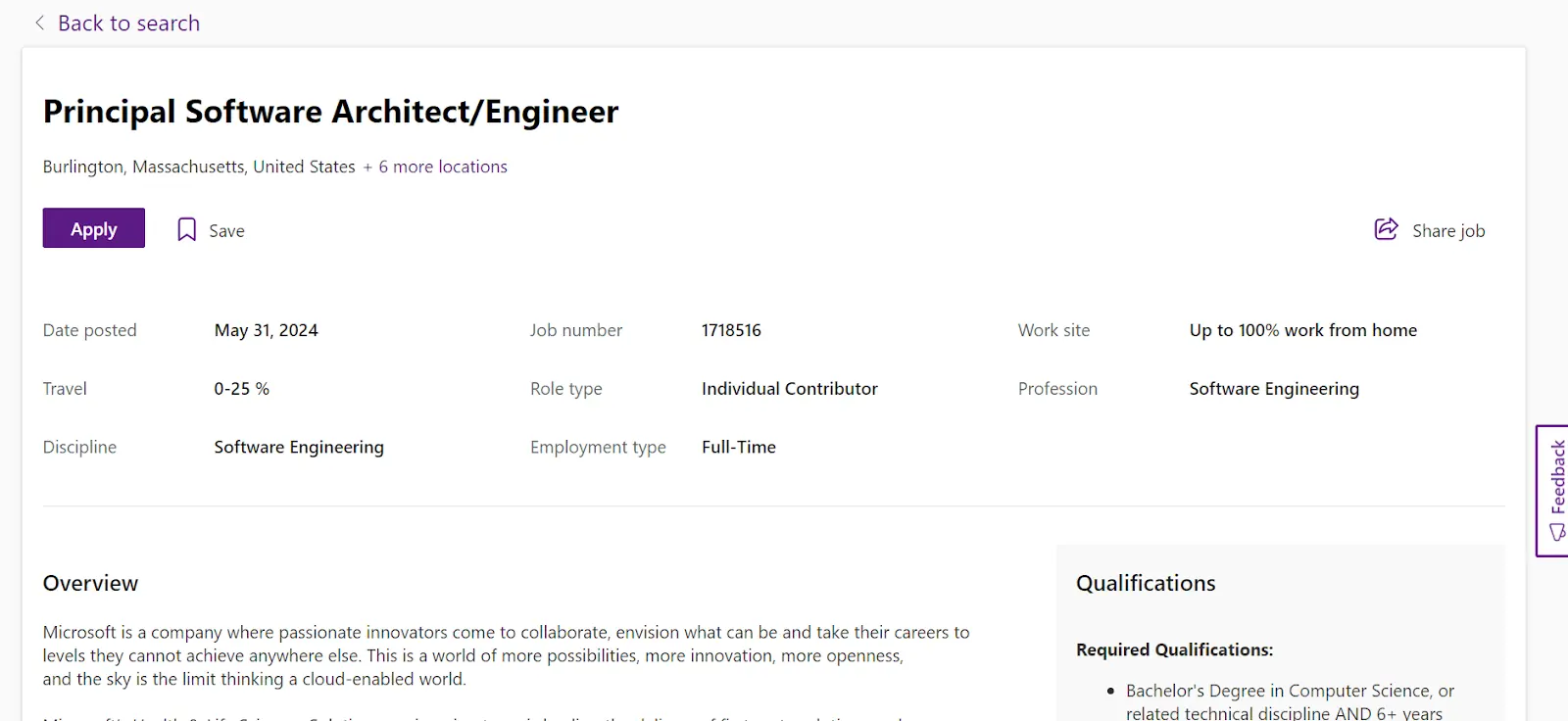A screenshot of a job posting for Microsoft for the position of a Principal Software Architect/Engineer that allows for up to 100% work from home