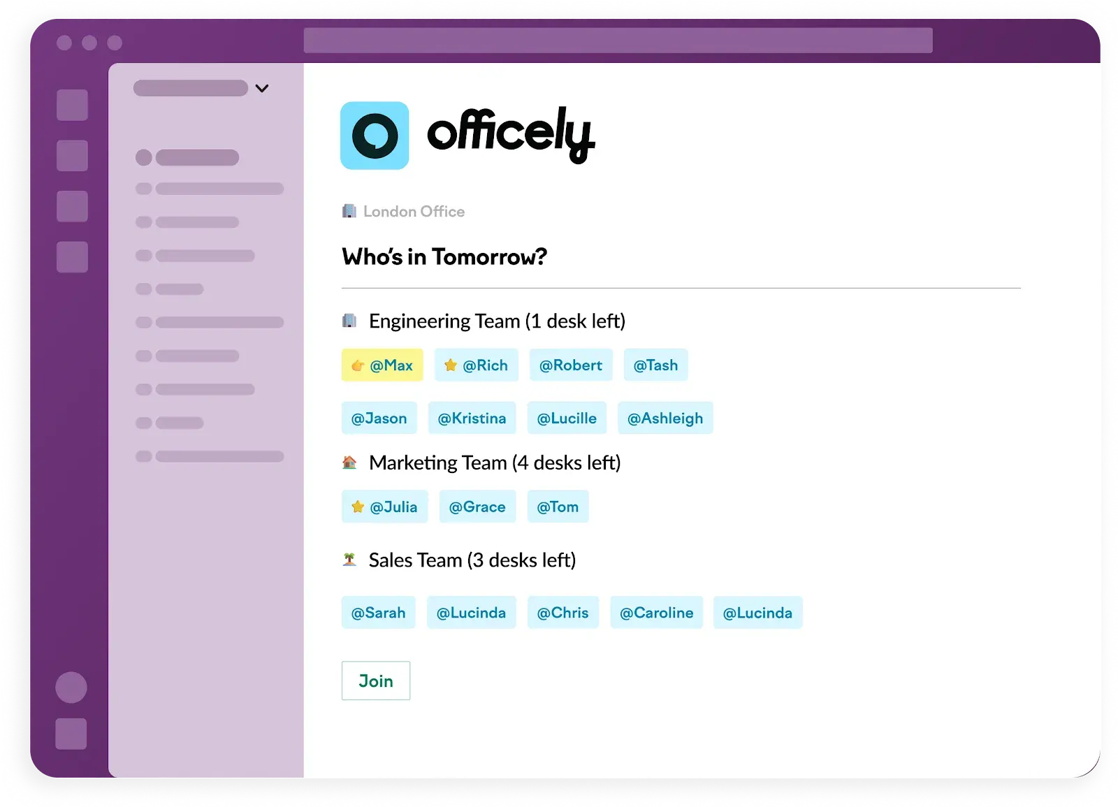 A screenshot of Officely's daily office broadcast feature
