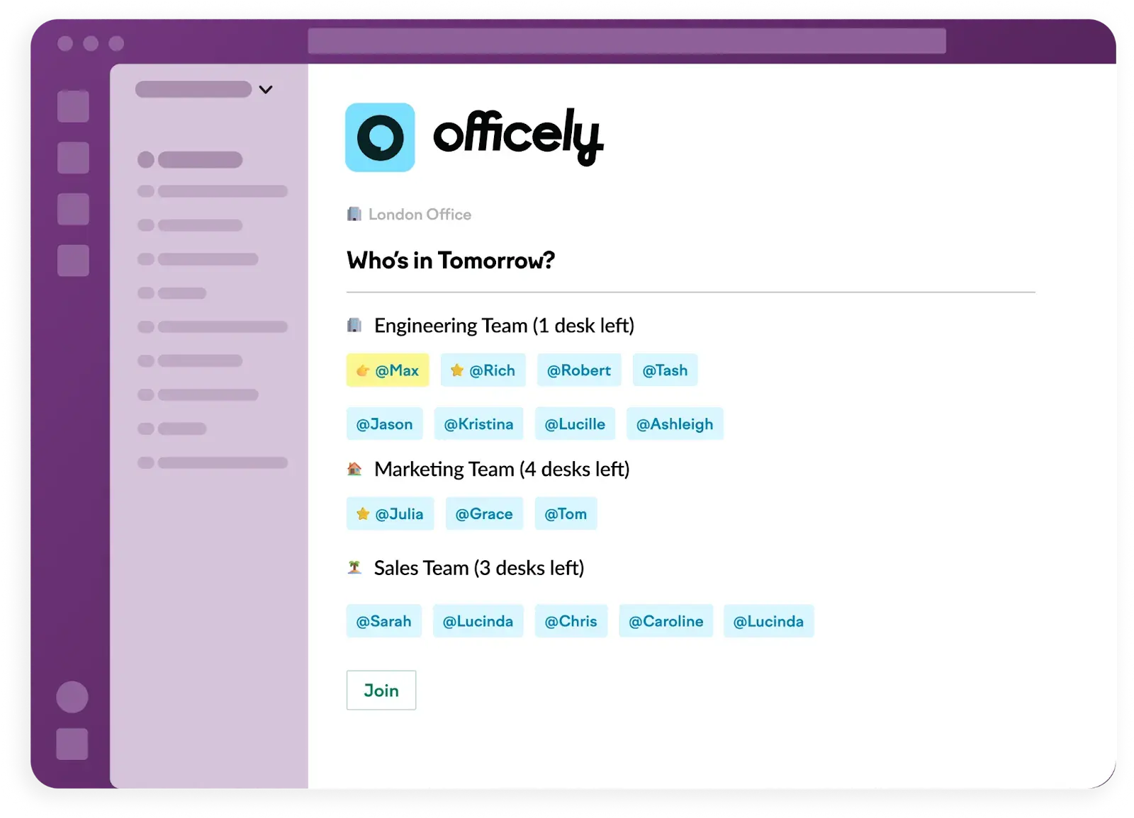 A screenshot of Officely’s “Who’s in Tomorrow?” screen