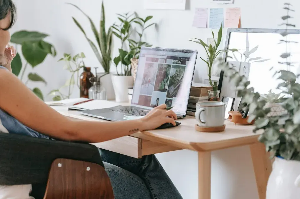 Alt text: A person sitting at a wooden desk in front of a computer, with lots of plants around
