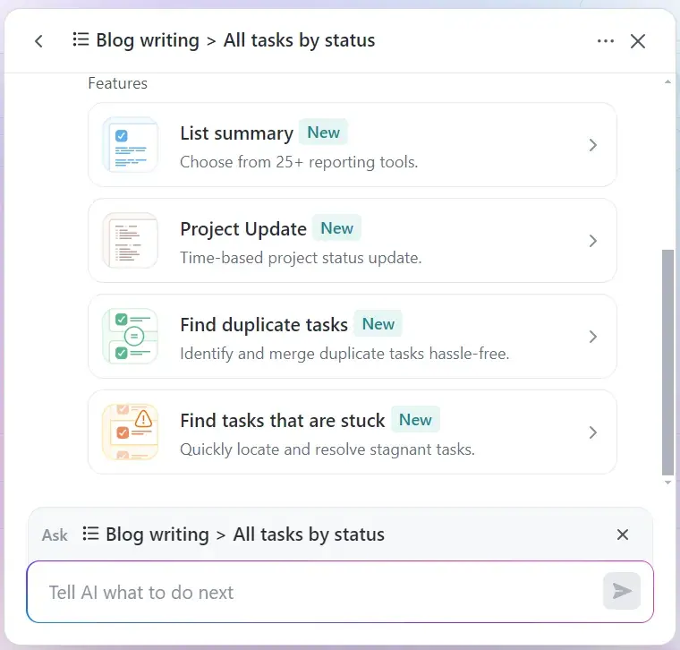 A screenshot of ClickUp’s AI assistant