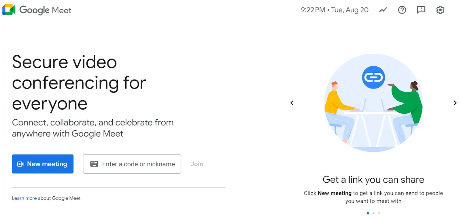A screenshot of Google Meet’s home screen