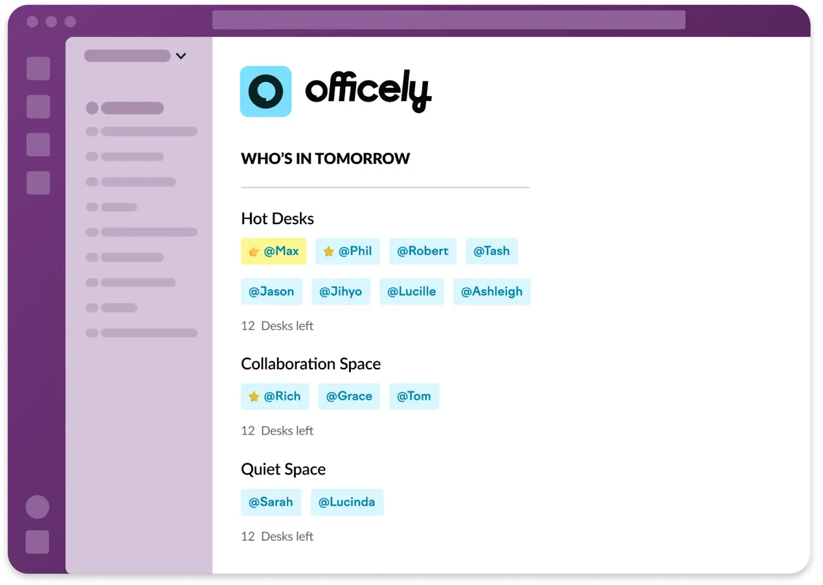 A screenshot of Officely’s Who’s In Tomorrow feature in Slack