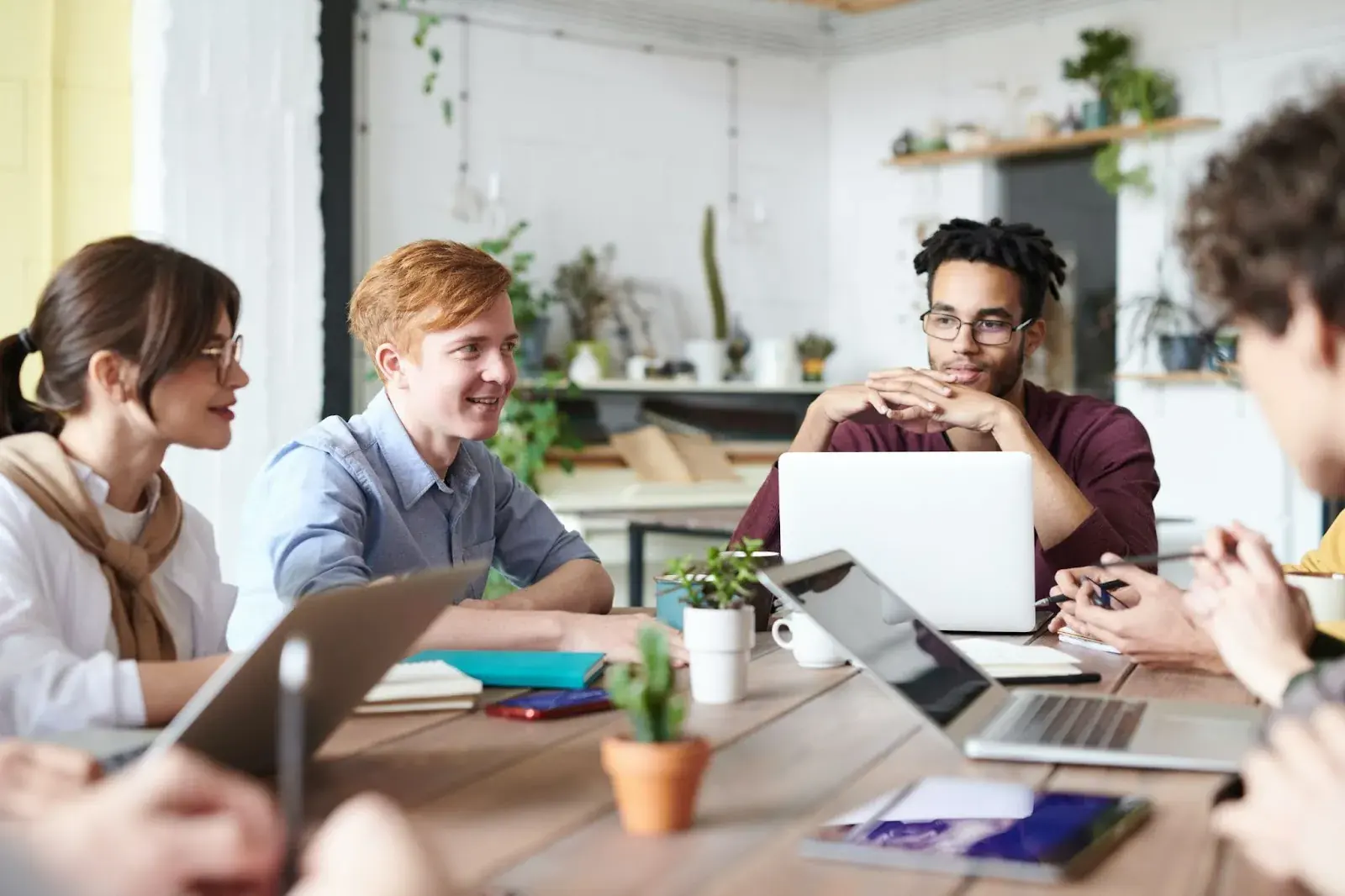 A group of coworkers sitting around a wooden table in a well-lit office space with open laptops and plants