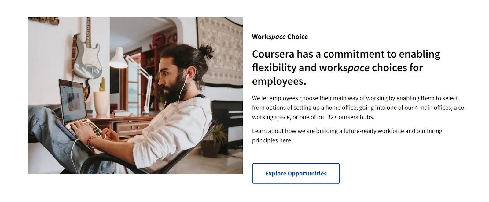 A screenshot of Coursera’s careers page, explaining the different hybrid, remote, and flexible work options available to their employees.