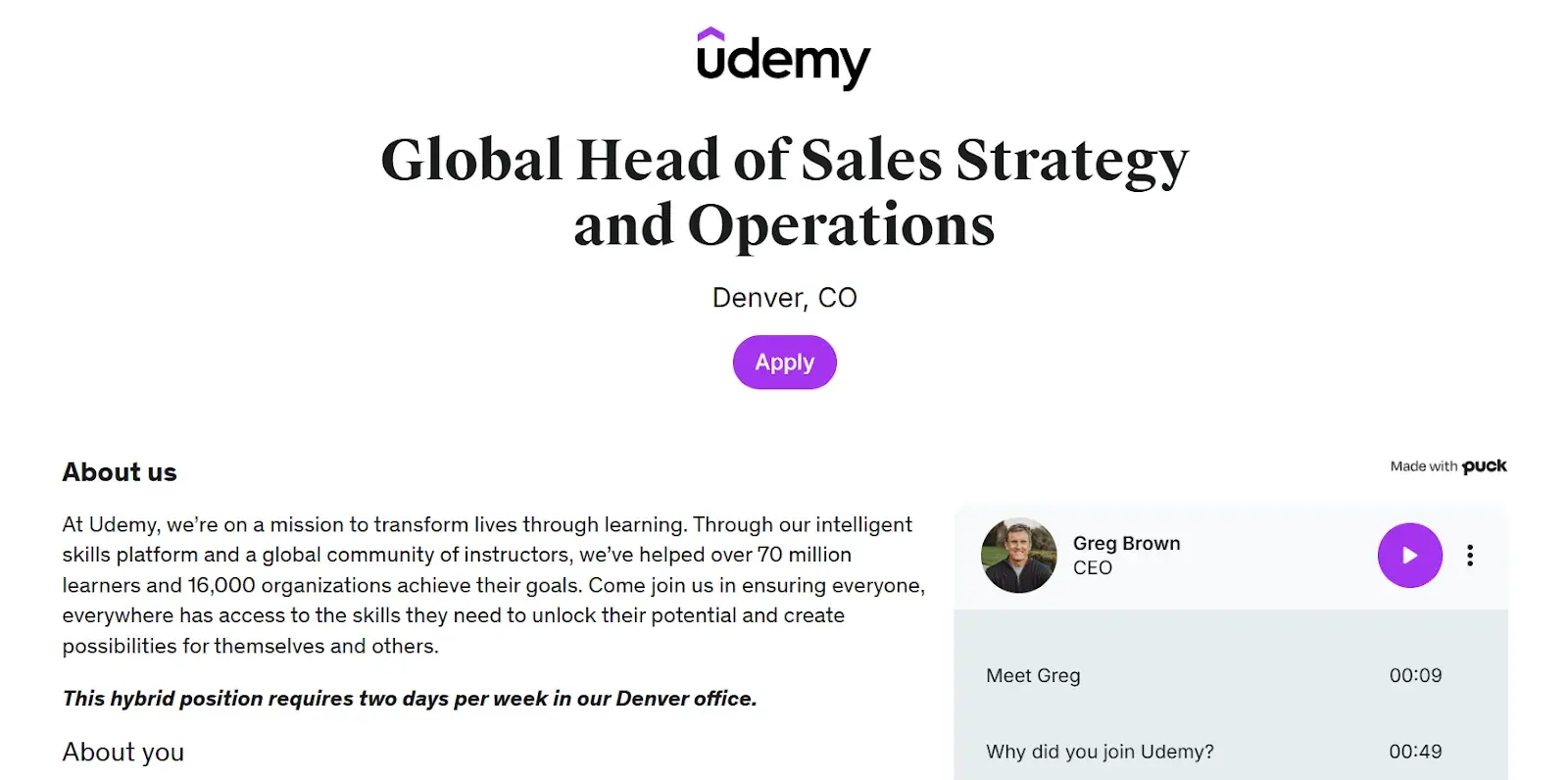 A screenshot of Udemy’s job listing for a Global Head of Sales Strategy and Operations role in Denver, Colorado, which allows for 3 remote days per week