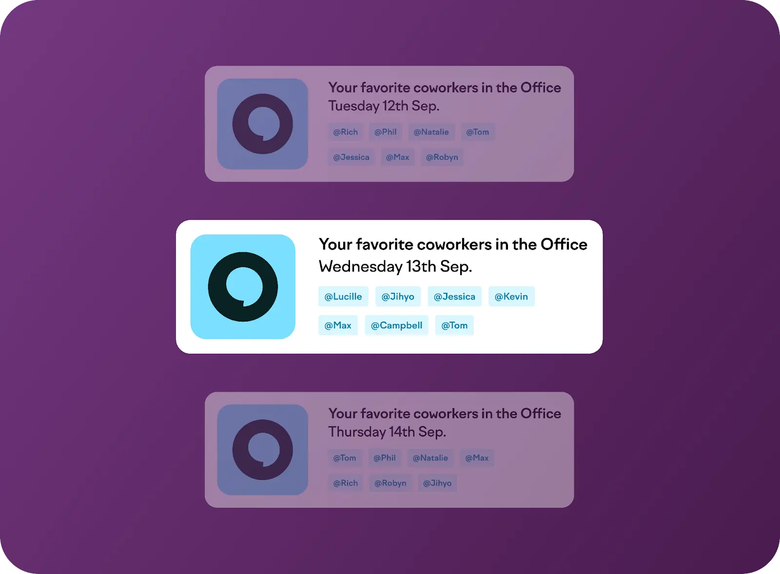A screenshot of Officely’s notifications with example “Your favorite coworkers in the Office Wednesday 13”
