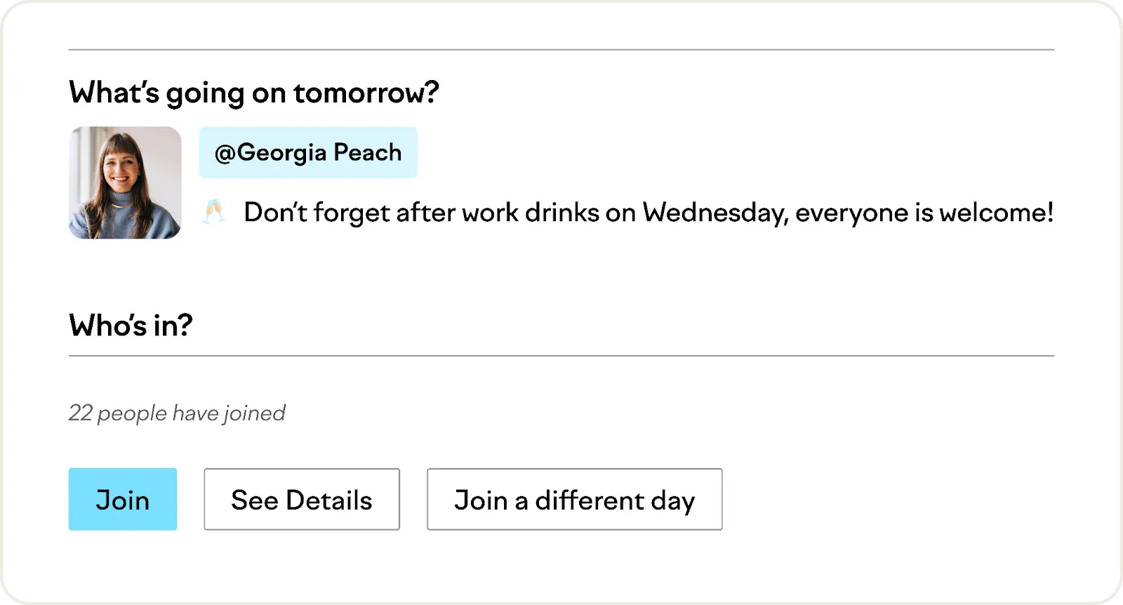 A screenshot of Officely’s “What’s going on tomorrow?” window showing an invite for drinks with 22 attendees, details, and join options