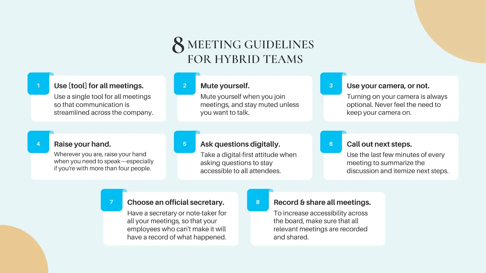 An overview of Officely’s 8 meeting guidelines for hybrid teams, including using a single tool for all meetings to streamline communication across the company